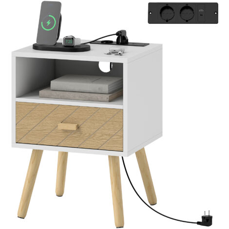 Table de chevet avec station de charge, tiroir, 2 prises secteur, port USB Type-C, compartiment ouvert, pieds en bois, blanche (1/5)