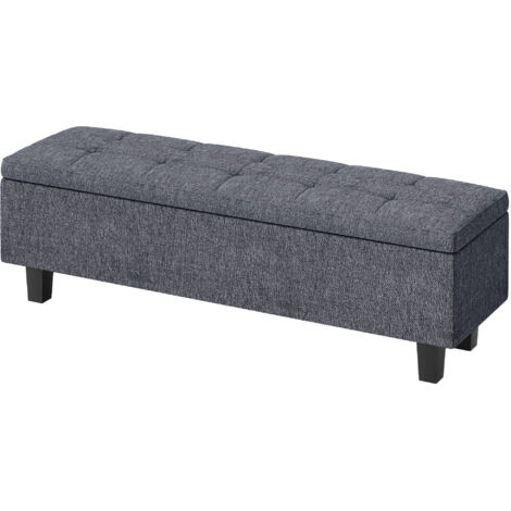 Banc de rangement aspect lin, pieds en hévéa, pour salon, chambre, entrée, gris foncé (1/5)