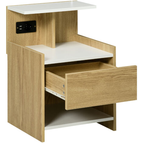 Table de chevet avec ports USB, prise électrique, tiroir et étagères, 40 x 40 x 60 cm, finition naturelle (1/5)