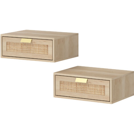 Ensemble de 2 tables de chevet suspendues avec tiroir en rotin, gain de place, design moderne, 40 x 30 x 15 cm, naturel