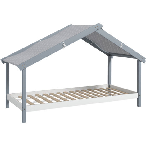 Lit Montessori en forme de maison avec toit étoilé, 90 x 190 cm, 15 lattes, cadre en pin et barrières de sécurité pour chambre d'enfant, gris (1/5)