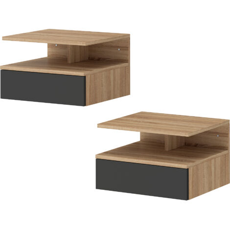 Ensemble de 2 tables de chevet suspendues avec tiroir, fixation murale, 35 x 32 x 22,5 cm, chêne et noir (1/5)