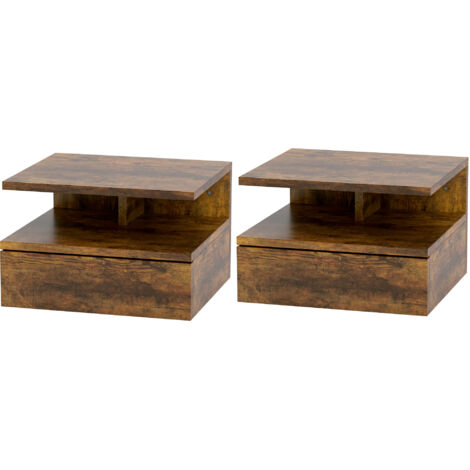2 tables de chevet suspendues avec 1 tiroir et une étagère ouverte, design moderne, 35 x 32 x 22,5 cm, marron rustique (1/5)
