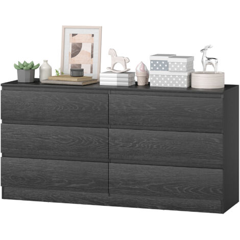 Commode à 6 tiroirs pour chambre, style moderne, pour salon ou bureau, 140 x 40 x 71 cm, aspect bois noir. (1/5)