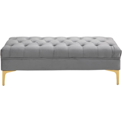 Banc capitonné avec assise en velours et piètement en métal doré, 118 x 45 x 42 cm, gris (1/5)