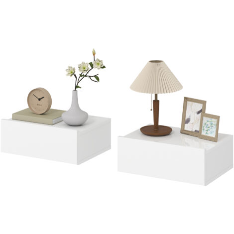 Ensemble de 2 tables de chevet suspendues avec 1 tiroir, fixation murale, style moderne pour chambre, 40 x 30 x 15 cm, blanc (1/5)
