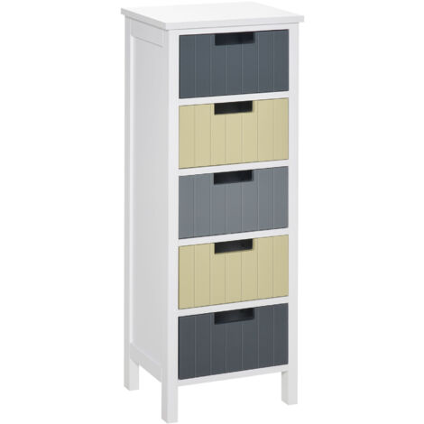 Commode en bois à 5 tiroirs, meuble de rangement d'appoint avec pieds surélevés, style moderne pour chambre, salon, salle de bain, 35 x 28 x 90,5 cm, multicolore (1/5)