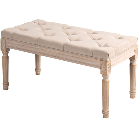 Banc de style vintage, capitonnage à boutons, pieds tournés, style shabby chic, couleur crème (1/5)