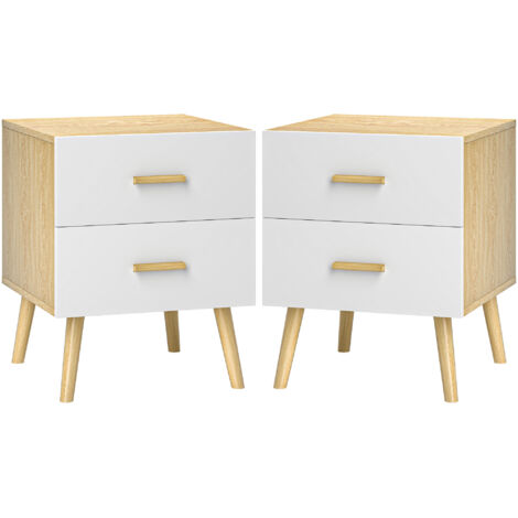 Ensemble de deux tables de chevet avec tiroirs et poignées en bambou, idéal pour le salon ou la chambre, en chêne. (1/5)