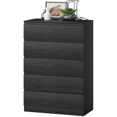 Commode 5 tiroirs pour chambre, salon ou bureau, style moderne, 77 x 40 x 111,5 cm, aspect bois noir. (1/5)