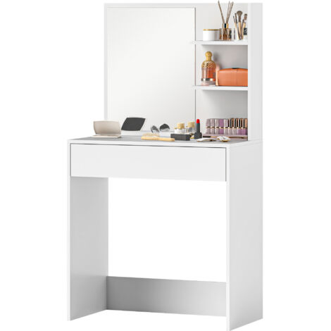 Coiffeuse avec miroir, table de maquillage avec tiroir et étagères ouvertes, blanche (1/5)