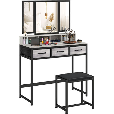 Coiffeuse avec miroir triptyque amovible, tabouret, 3 tiroirs en tissu, support pour sèche-cheveux, grise (1/5)