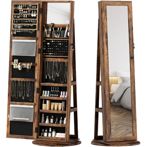 Miroir à bijoux sur pied pivotant à 360° avec étagères et serrure à clé, 55 x 55 x 161 cm, marron rustique (1/5)