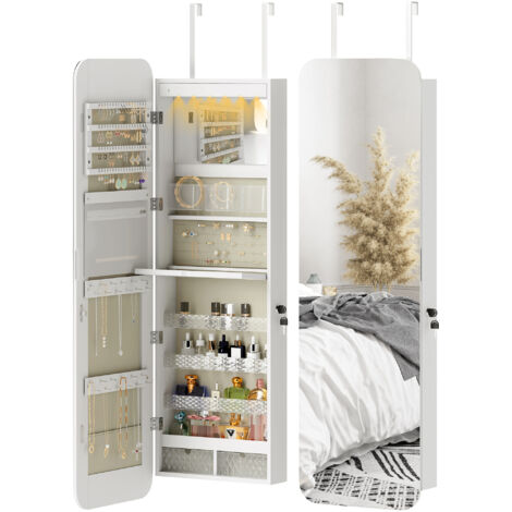 Miroir à bijoux avec éclairage LED, fixation murale ou de porte avec serrure, miroir pleine longueur, 2 tiroirs, blanc (1/5)