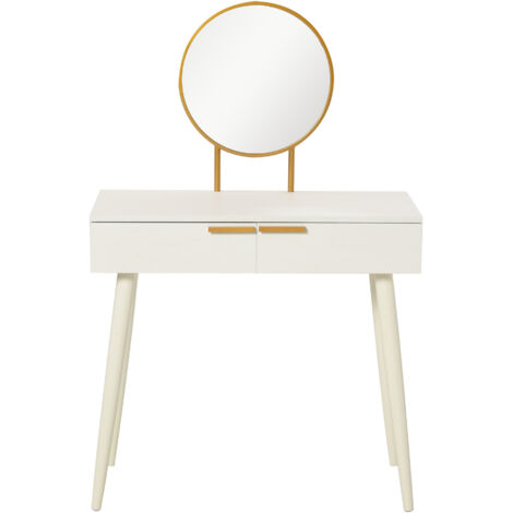 Coiffeuse avec miroir rond, table de maquillage à 2 tiroirs, style moderne pour chambre ou dressing, 80 x 40 x 123 cm, blanche (1/5)