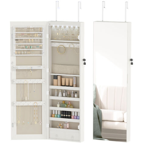 Miroir à bijoux avec éclairage LED, armoire à bijoux murale ou de porte avec serrure, miroir entièrement blanc (1/5)