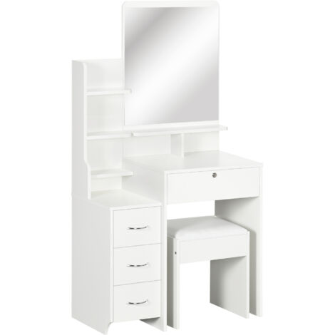 Coiffeuse moderne avec tabouret et miroir, 4 tiroirs et 4 compartiments, 80 x 38 x 143 cm, blanche (1/5)