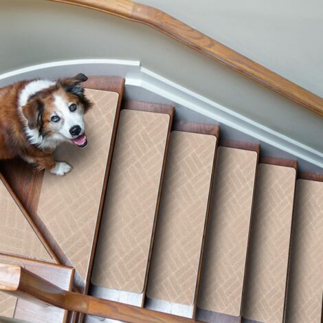 Tapis d'Escalier Antidérapant, Lot de 15 Marchettes d'Escalier Autocollantes Intérieur, Moquette Escalier Réutilisable pour Animaux, Seniors, Enfants (Motif en Losange, Beige, 76x20 cm) (1/5)
