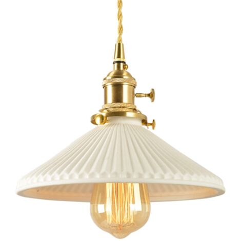 Lampe suspendue avec abat-jour en céramique blanche, douille E27 dorée et interrupteur rotatif - Luminaire de plafond suspendu avec cordon doré (Parapluie) (1/5)