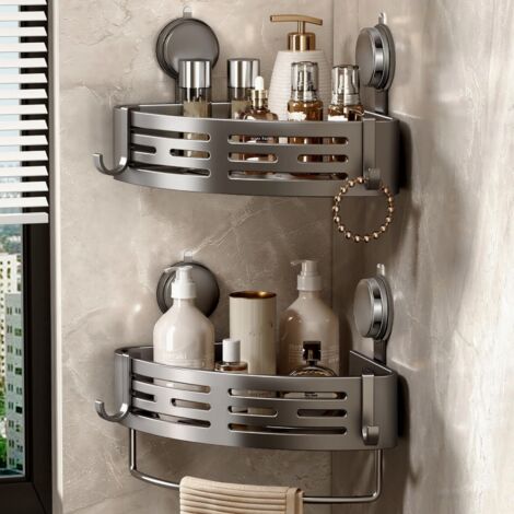 Etagere Douche Angle Ventouse, 2 PièCes Etagere Angle Salle De Bain Sans Percage avec Porte Serviettes et Crochets Rangement et Organisation de La Salle de Bain Support Gel Douche(Gris) (1/5)