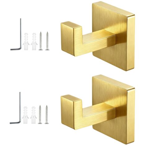 Lot de 2 Crochet Salle de Bain à Percer, Patère Murale Or Brossé en Acier Inoxydable 304, Montage Caché avec Socle Carré et Outils d’Installation, pour Salle de Bain, Cuisine, Bureau (1/5)