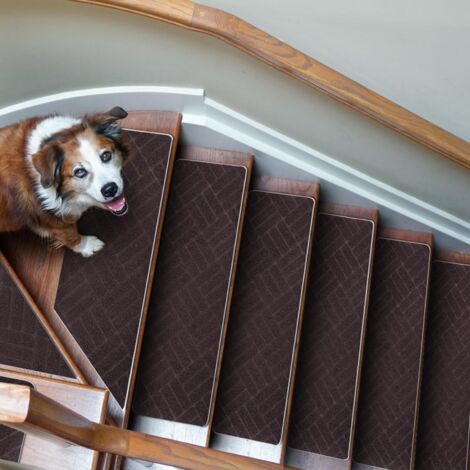 Tapis d'Escalier Antidérapant, Lot de 15 Marchettes d'Escalier Autocollantes Intérieur, Moquette Escalier Réutilisable pour Animaux, Seniors, Enfants (Motif en Losange, Marron Foncé, 76x20 cm)