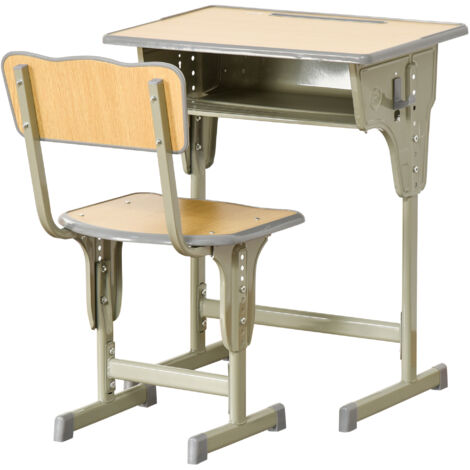 Bureau enfant Vintage style pupitre d'écolier - ensemble bureau et chaise réglable - case de rangement, bracket, range-stylos - acier kaki MDF aspect bois clair (1/5)
