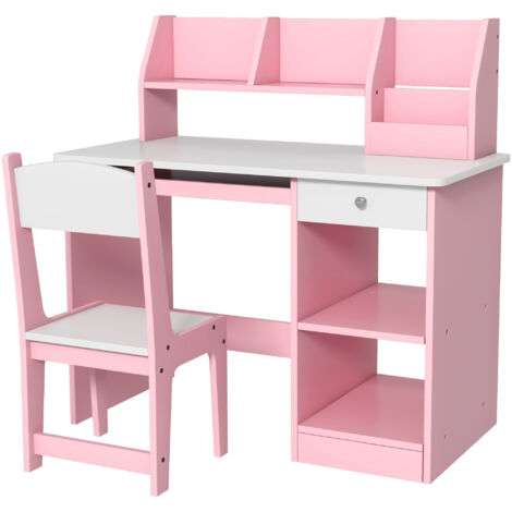 Bureau enfant avec chaise ergonomique avec clavier coulissant tiroir niches et étagères ouvertes 90 x 45 x 90 cm rose (1/5)