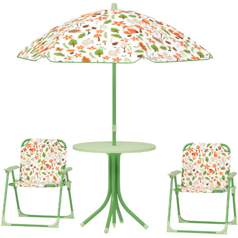 Ensemble salon de jardin extérieur enfant 4 pièces, motif éléphant et girafe, parasol réglable Ø 100 cm, chaise pliable (1/5)