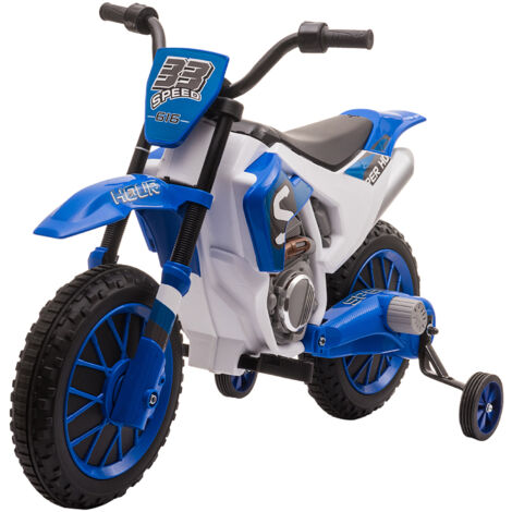 Moto Cross électrique Enfant 3 à 5 Ans 12 V 3-8 Km/h avec roulettes latérales Amovibles dim. 106,5L x 51,5l x 68H cm Bleu (1/5)