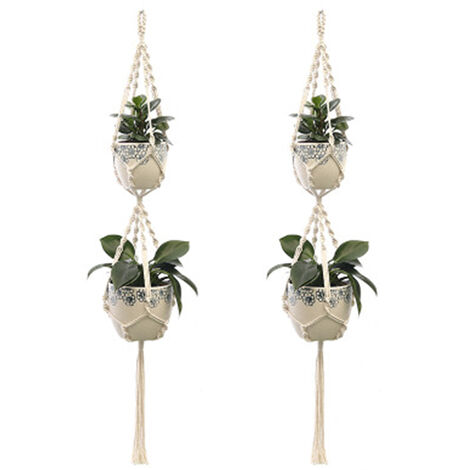 Cintres pour plantes en macramé, 2 pièces, panier de jardinière suspendu d'intérieur et d'extérieur, corde en coton, sac en filet pour pot de fleur tricoté à la main (1/5)