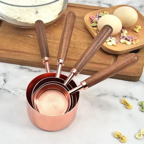Ensemble de tasses et cuillères doseuses or rose, tasse et cuillère en acier inoxydable rose cuivré avec manche en bois, tasse à mesurer pour café, gâteaux, lait et pâtisserie