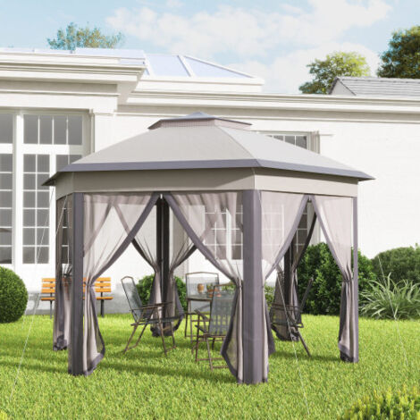 Pavillon de jardin pliable, tente pop-up 4x4m, tente de réception avec sac de transport et 6 panneaux latéraux, double toit hexagonal couleur café et beige (1/4)