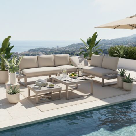 Canapé de jardin d'angle inclinable 5 positions – Structure acier galvanisé – Plateau imitation bois – 2 tables basses beige et kaki