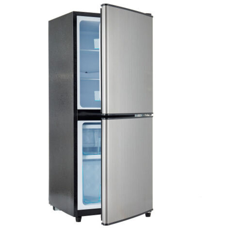 Mini-réfrigérateur économe 106L : réfrigérateur 60L + congélateur 46L, 7 niveaux de température, porte argentée + corps noir, LED, clayettes ajustables, 166 kWh/an, 45 dB