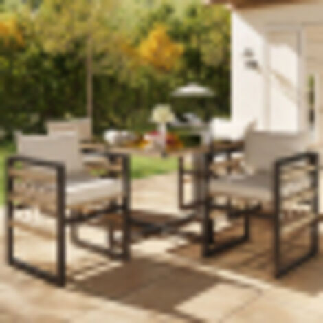 Ensemble canapé de jardin 4 places tressé à la main, structure en fer résistante, coussins beige, table en verre de sécurité + 4 chaises, résistant aux intempéries (1/5)