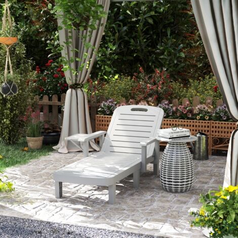 Chaise longue de jardin avec table d’appoint, aspect bois, chaise longue avec dossier réglable sur 5 positions, gris clair (1/5)