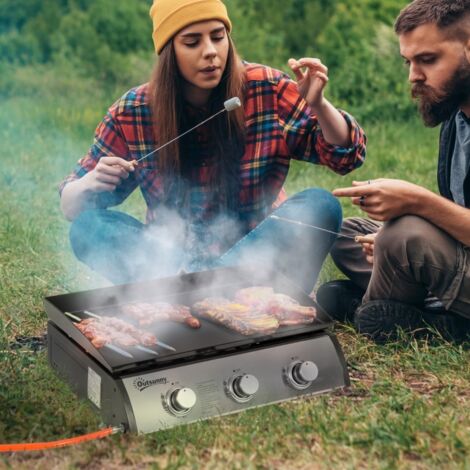 Plancha à gaz en acier inoxydable avec 3 brûleurs de 9 kW, antiadhésive, grande surface de gril 61 x 35,5 cm (1/5)