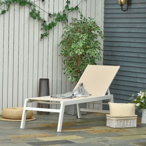 Chaise longue de jardin Outsunny, dossier réglable sur 5 niveaux, structure en aluminium, couleur crème blanc, 202 x 65 x 43 cm