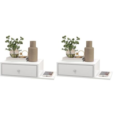 Lot de 2 tables de chevet suspendues – étagère latérale et tiroir – 55L × 30P × 15H cm, MDF blanc (1/5)