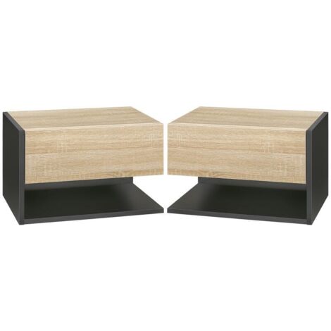 Lot de 2 tables de chevet suspendues – avec tiroir coulissant, étagère, bicolore aspect chêne et noir