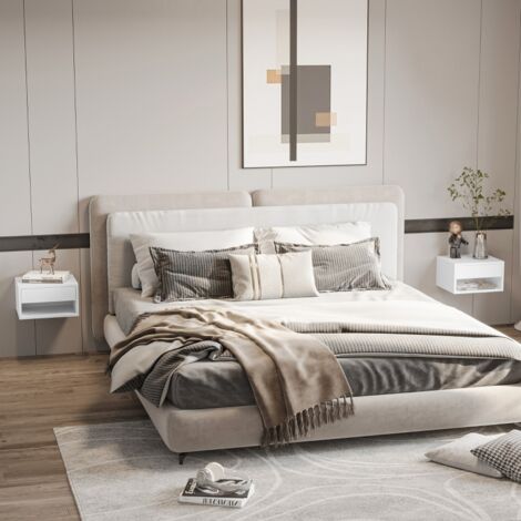 Ensemble de 2 tables de chevet murales avec tiroir coulissant, niche et plateau en bois, dimensions 37L × 32P × 21H cm, blanc. (1/5)