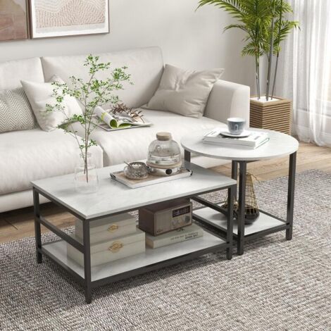 Ensemble table basse avec 2 tables d'appoint, aspect marbre, pieds réglables, acier, noir/blanc. (1/5)