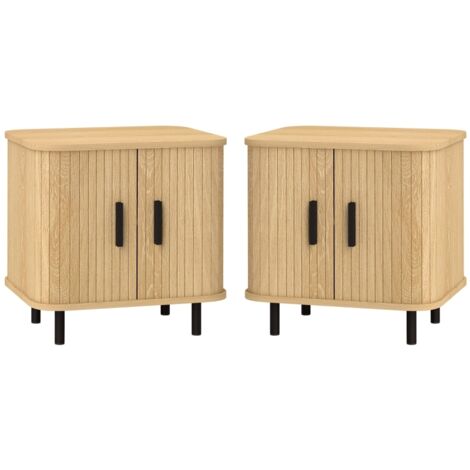 Ensemble de 2 tables de chevet nordiques, 2 étagères + porte coulissante, bois et acier, 48 x 40 x 48 cm, chêne (1/5)