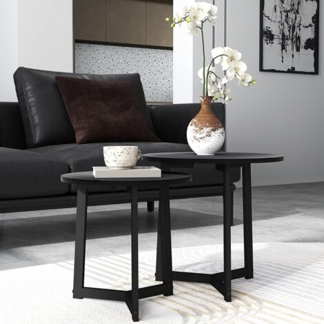 Ensemble de 2 tables basses modernes, structure en métal, MDF, design rond, empilables, noires. (1/5)