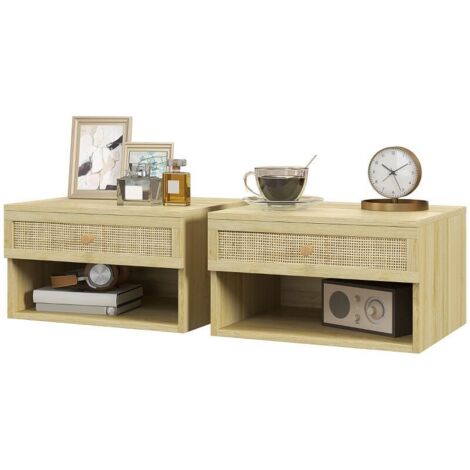 Ensemble de 2 tables de chevet murales avec tiroir coulissant, niche et plateau, en bois, dimensions 40L × 34P × 23H cm (1/5)