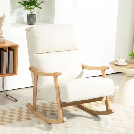 Fauteuil à bascule, revêtu de tissu aspect velours, dossier ergonomique, capacité de charge de 120 kg, 65 L x 90 P x 98 H cm, blanc crème. (1/5)