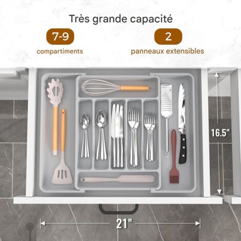 Organisateur de couverts pliable extra-large, sans BPA, apte au contact alimentaire, réglable pour tiroir de cuisine, pour cuillères, fourchettes et couteaux, gris. (1/5)
