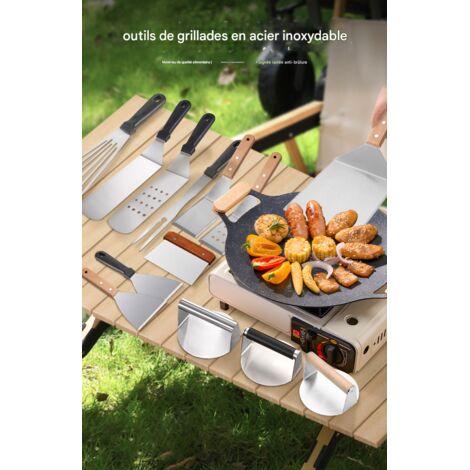 Lot de 11 outils de barbecue en acier inoxydable et bois de hêtre, spatules pour teppanyaki et BBQ, kit complet pour grillades (1/5)