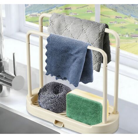 Organisateur de rangement pour évier de cuisine, permettant de ranger et d'organiser éponges, torchons et brosses de nettoyage (Blanc) (1/4)